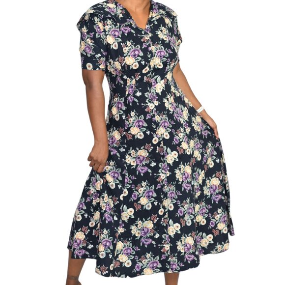 Vintage Floral Maxi Dress Purple Button Front Pilgrim Collar Shirtdress Small - Picture 1 of 14